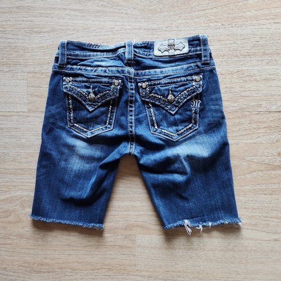 Miss Me Embellished Mid Rise Custom Cut Bermuda Denim Shorts Blue - Picture 1 of 8